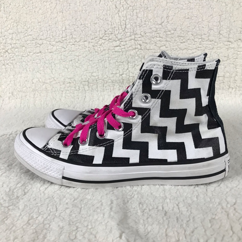 Converse Black & White Chevron High Tops w Pink 7